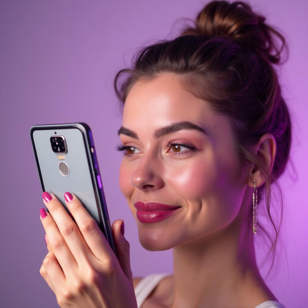 Mulher usando try-on virtual de maquiagem no smartphone